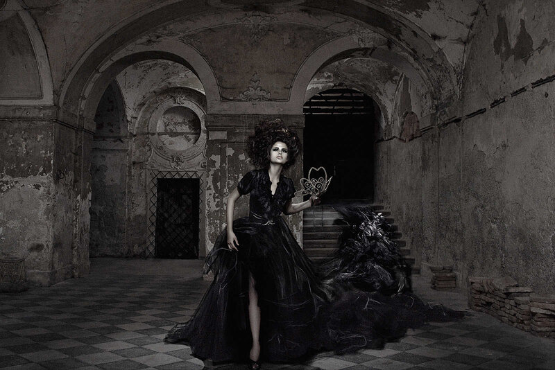 Woman in Black Dress — Dramatic, Photograph, Mask, Arches