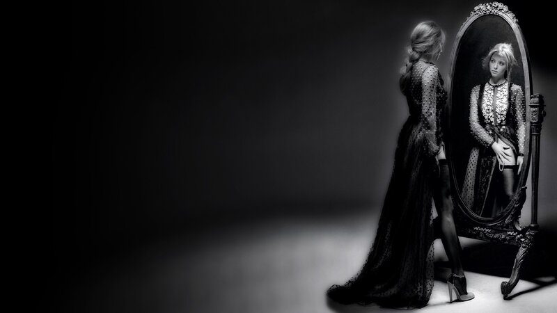 Woman in Black Dress — Dramatic, Photograph, Mirror, Heels, White