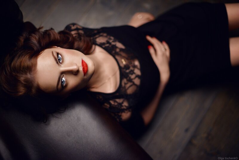 Woman in Black Dress — Dramatic, Photograph, Red Lipstick, Lace Top