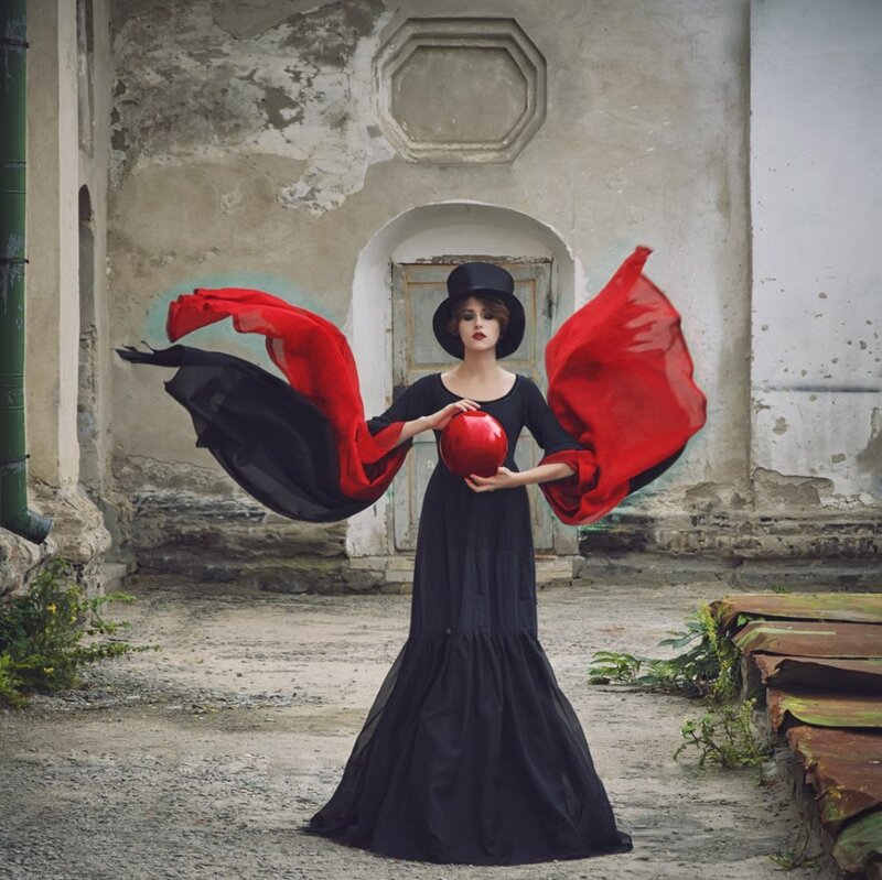 Woman in Black Dress — Dramatic, Photograph, Red Scarf