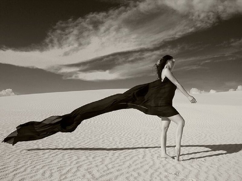 Woman in Black Dress — Dramatic, Photograph, Sand Dunes