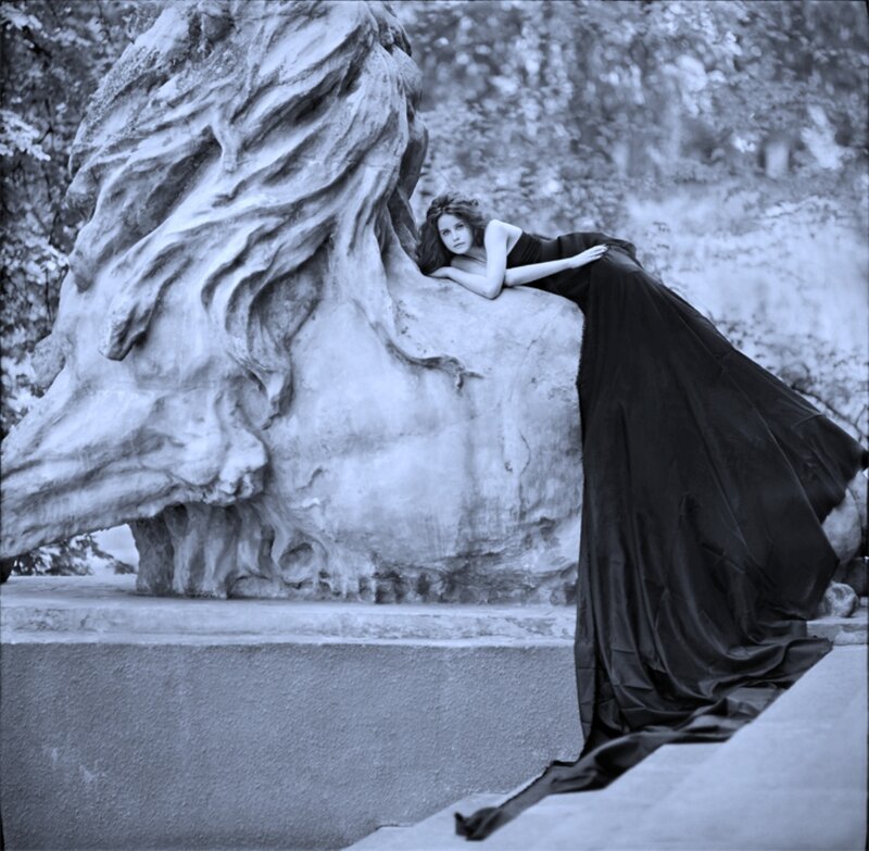 Woman in Black Dress — Dramatic, Photograph, Sculpture, Trees