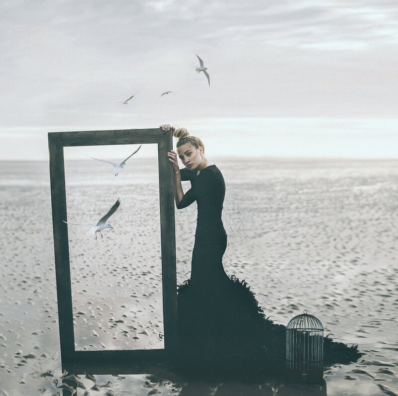 Woman in Black Dress — Dramatic, Photograph, Seagulls, Mirror