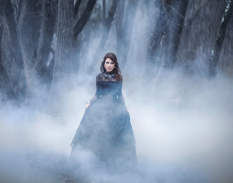 Woman in Black Dress — Dramatic, Photograph, Smoke, Trees