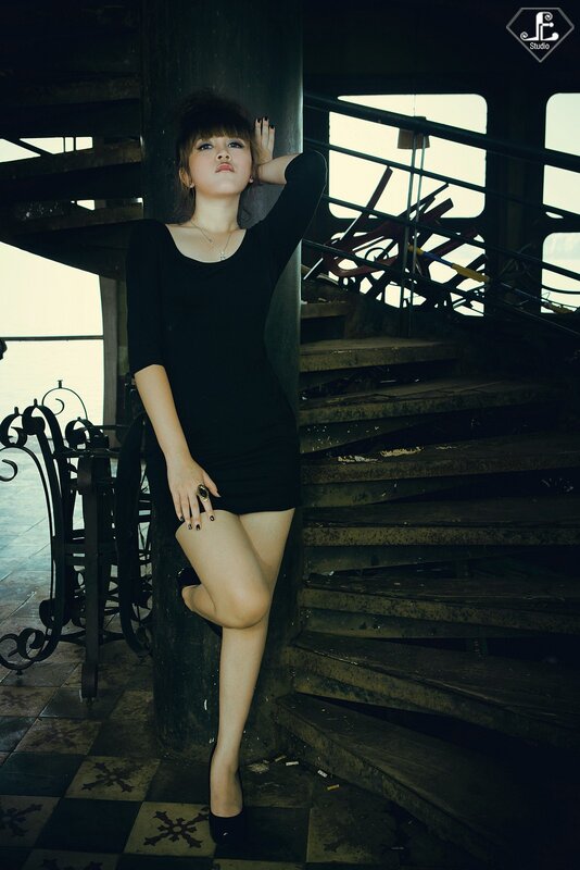 Woman in Black Dress — Dramatic, Photograph, Stairs, Pole