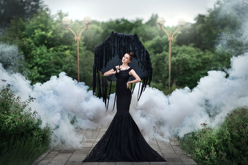 Woman in Black Dress — Dramatic, Photograph, Umbrella, Smoke