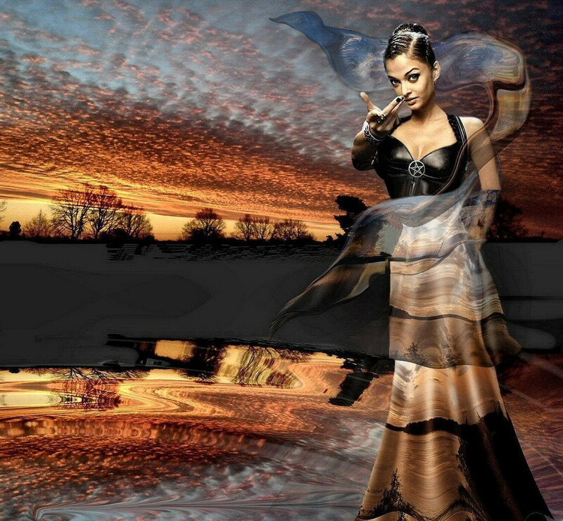 Woman in Black Dress — Dramatic, Sunset, Digital Art, Bird, Orange