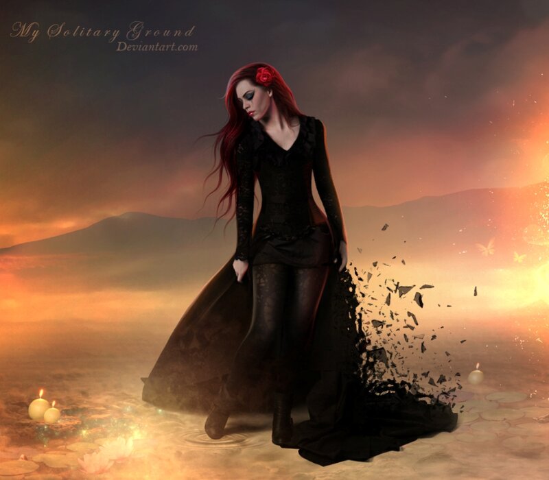 Woman in Black Dress — Dramatic, Sunset, Digital Art, Candles
