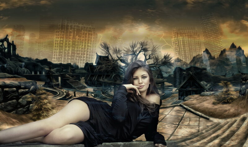 Woman in Black Dress — Dramatic, Sunset, Digital Art, City Ruins