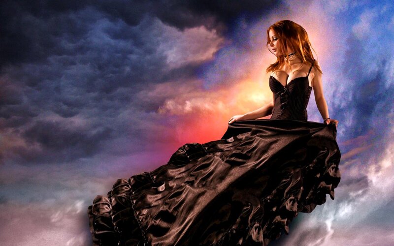 Woman in Black Dress — Dramatic, Sunset, Digital Art, Clouds