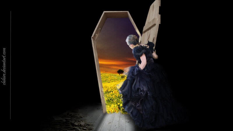 Woman in Black Dress — Dramatic, Sunset, Digital Art, Coffin