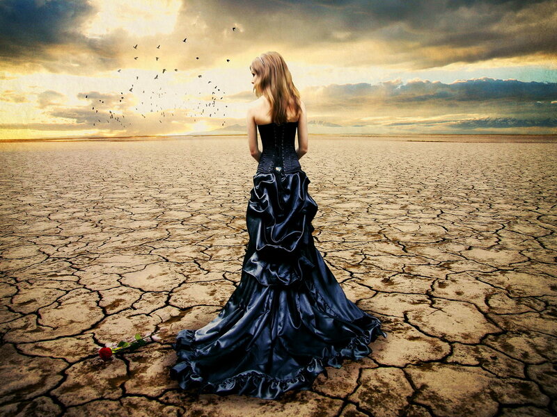 Woman in Black Dress — Dramatic, Sunset, Digital Art, Cracked Ground
