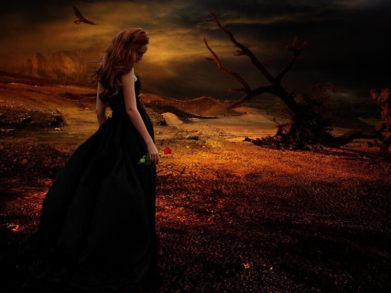 Woman in Black Dress — Dramatic, Sunset, Digital Art, Dead Tree
