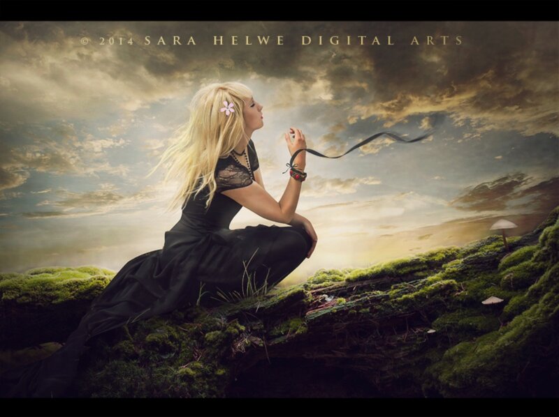 Woman in Black Dress — Dramatic, Sunset, Digital Art, Mossy Ground
