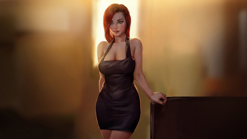 Woman in Black Dress — Dramatic, Sunset, Digital Art, Red Hair