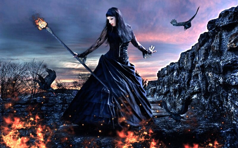 Woman in Black Dress — Dramatic, Sunset, Digital Art, Staff, Crows