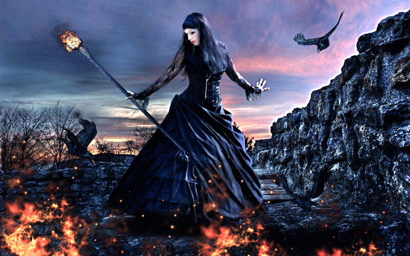 Woman in Black Dress — Dramatic, Sunset, Digital Art, Staff