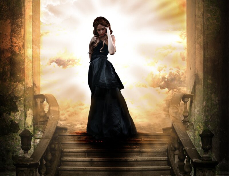 Woman in Black Dress — Dramatic, Sunset, Digital Art, Stairs
