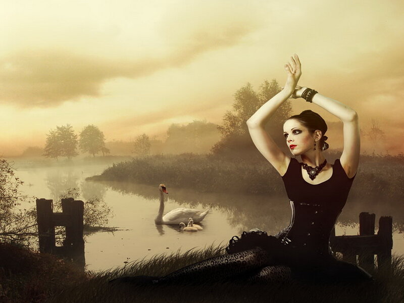 Woman in Black Dress — Dramatic, Sunset, Digital Art, Swan