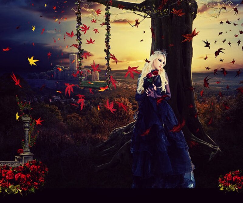 Woman in Black Dress — Dramatic, Sunset, Digital Art, Tree