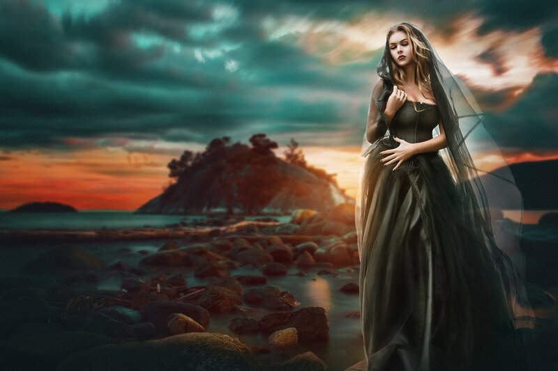 Woman in Black Dress — Dramatic, Sunset, Digital Art, Veil
