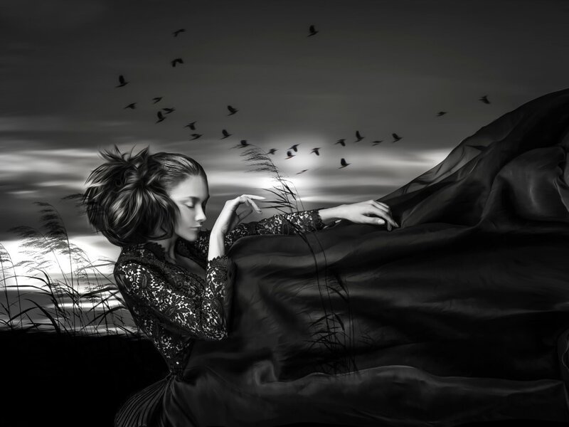 Woman in Black Dress — Dramatic, Sunset, Photograph, Birds