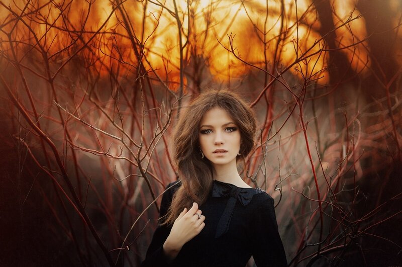 Woman in Black Dress — Dramatic, Sunset, Photograph, Branches, Forest