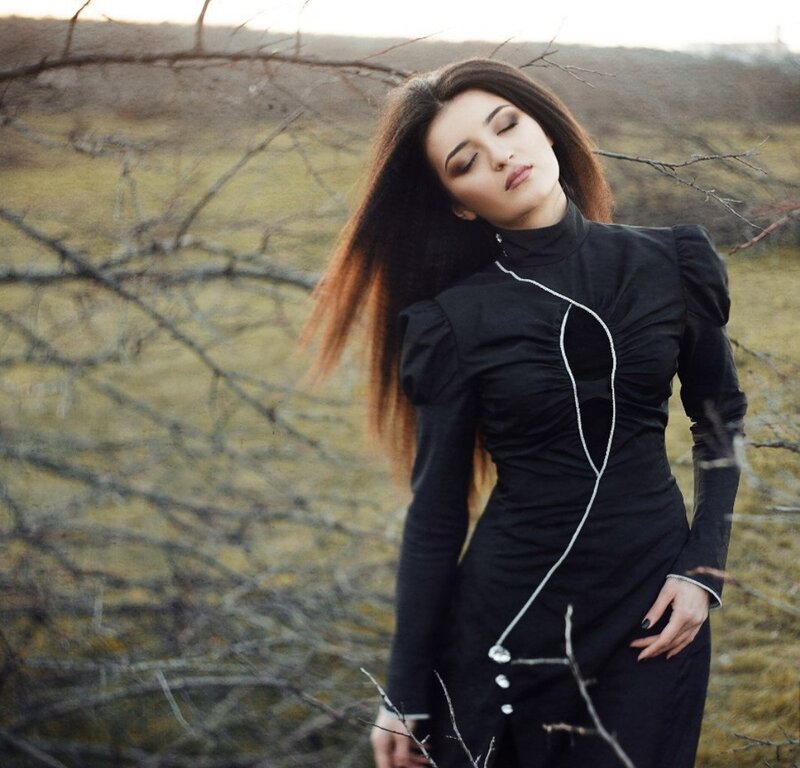 Woman in Black Dress — Dramatic, Sunset, Photograph, Branches