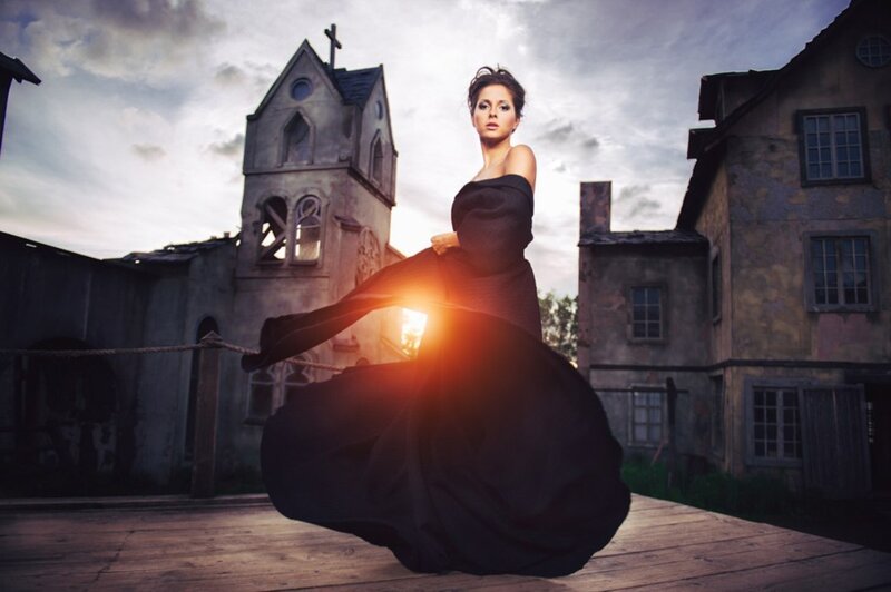 Woman in Black Dress — Dramatic, Sunset, Photograph, Church