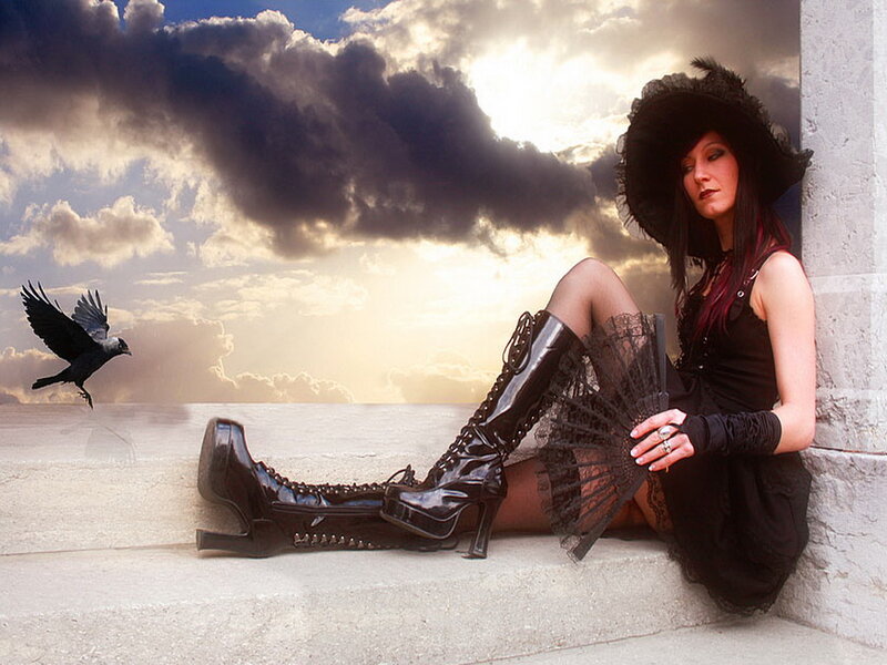 Woman in Black Dress — Dramatic, Sunset, Photograph, Crow