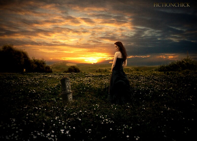 Woman in Black Dress — Dramatic, Sunset, Photograph, Field
