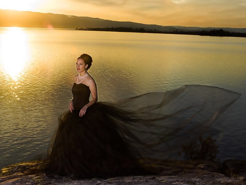 Woman in Black Dress — Dramatic, Sunset, Photograph, Lake