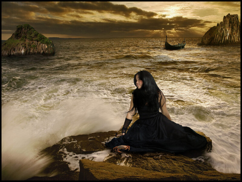 Woman in Black Dress — Dramatic, Sunset, Photograph, Ocean