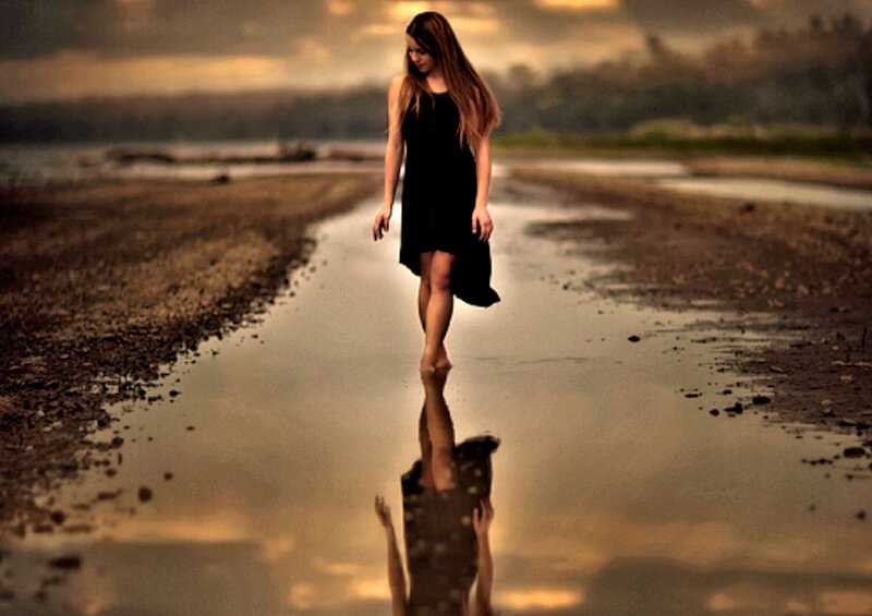 Woman in Black Dress — Dramatic, Sunset, Photograph, Reflection