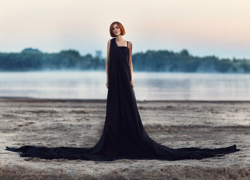 Woman in Black Dress — Dramatic, Sunset, Photograph, River