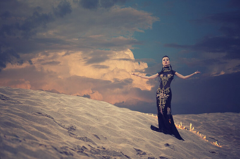 Woman in Black Dress — Dramatic, Sunset, Photograph, Sand Dunes, Clouds