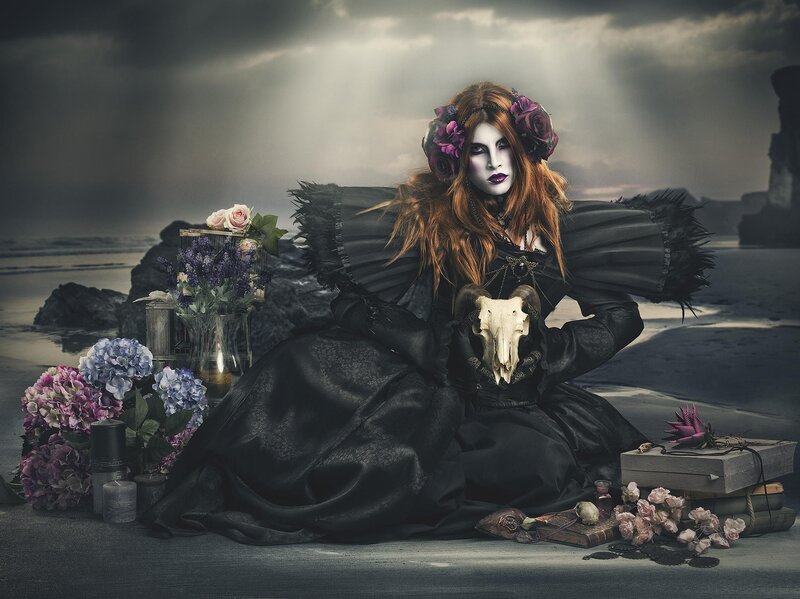 Woman in Black Dress — Dramatic, Sunset, Photograph, Skull