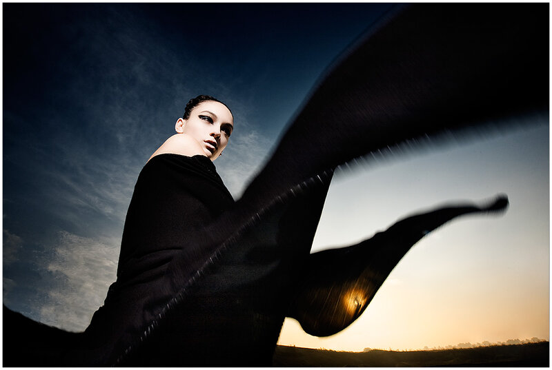 Woman in Black Dress — Dramatic, Sunset, Photograph, Sky