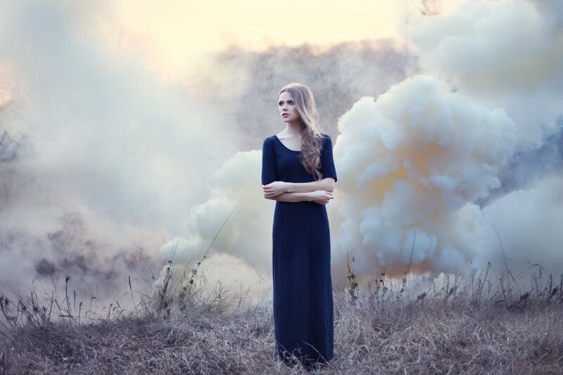 Woman in Black Dress — Dramatic, Sunset, Photograph, Smoke