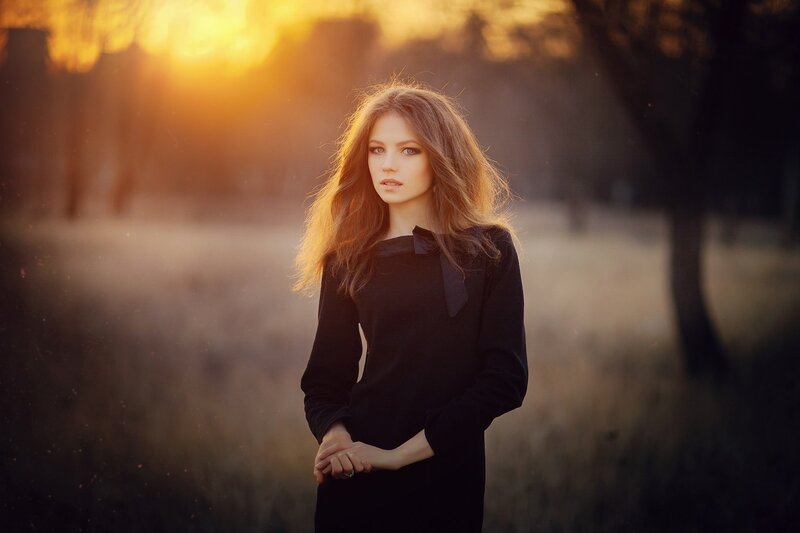 Woman in Black Dress — Dramatic, Sunset, Photograph, Trees, Sunlight