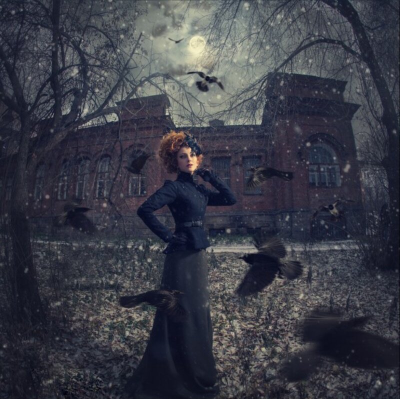 Woman in Black Dress — Dramatic, Winter, Digital Art, Crows