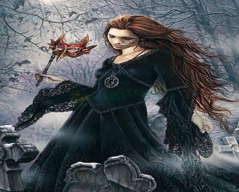 Woman in Black Dress — Dramatic, Winter, Digital Art, Mask