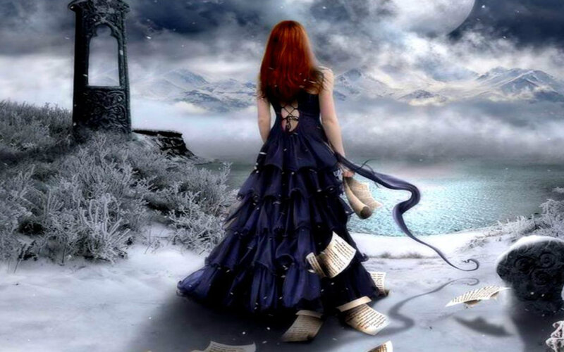 Woman in Black Dress — Dramatic, Winter, Digital Art, Mountains
