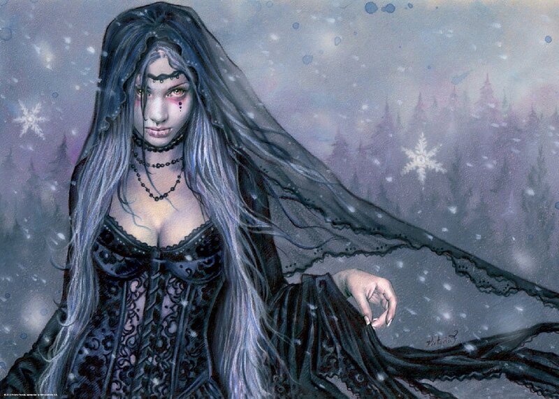 Woman in Black Dress — Dramatic, Winter, Digital Art, Snow, Forest