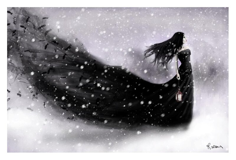 Woman in Black Dress — Dramatic, Winter, Digital Art, Snow