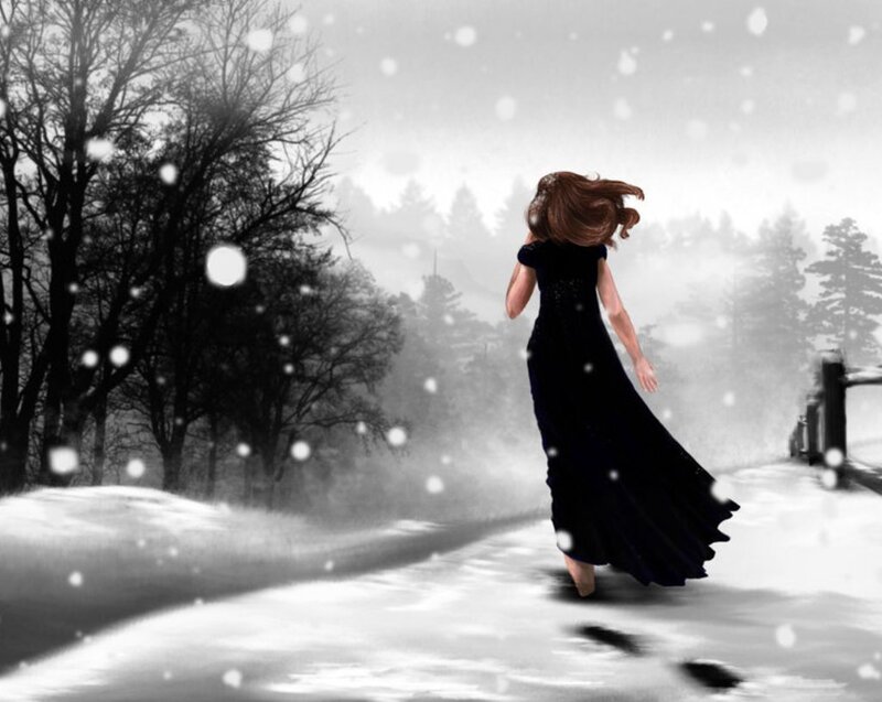 Woman in Black Dress — Dramatic, Winter, Digital Art, Snow, Trees