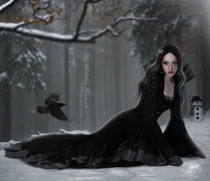 Woman in Black Dress — Dramatic, Winter, Digital Art, Snowman