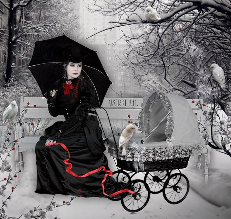 Woman in Black Dress — Dramatic, Winter, Digital Art, Umbrella
