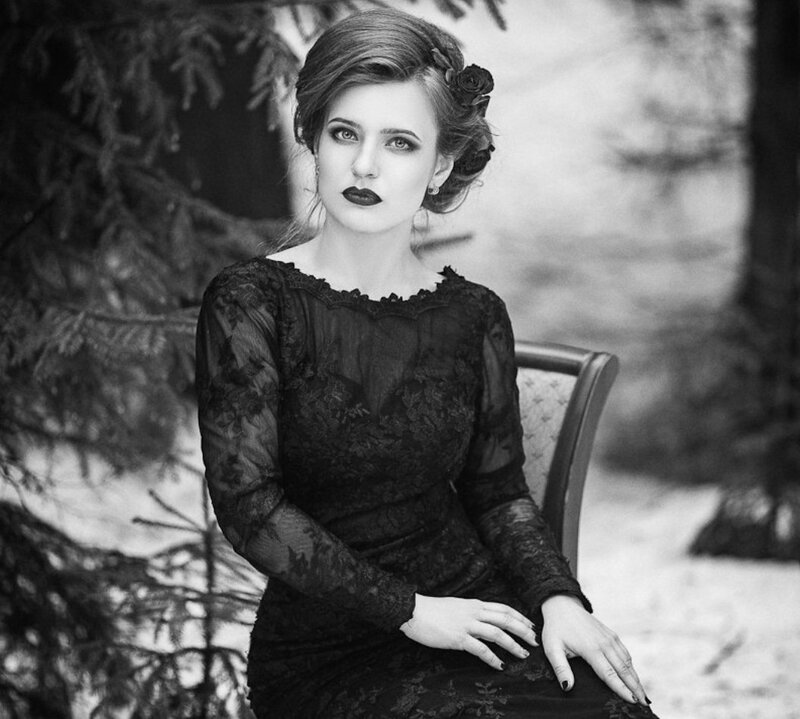 Woman in Black Dress — Dramatic, Winter, Photograph, Chair, Trees