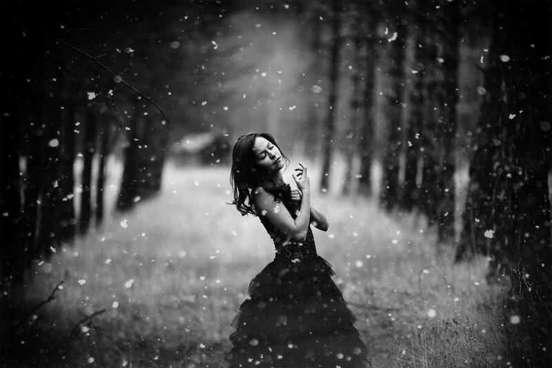Woman in Black Dress — Dramatic, Winter, Photograph, Forest